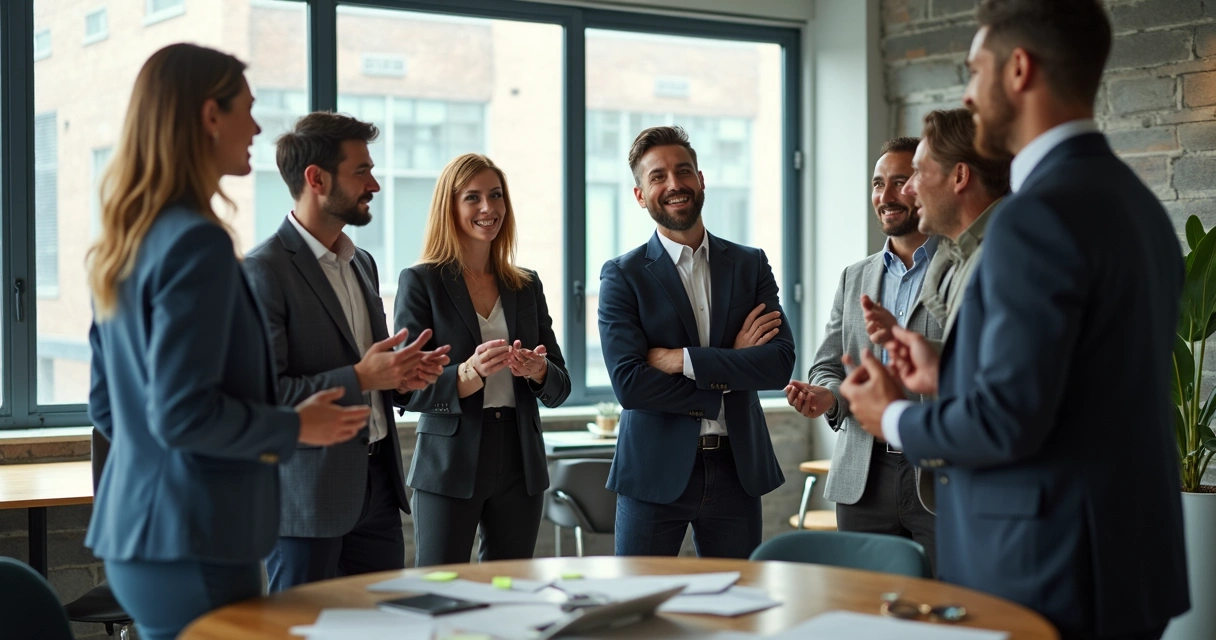 Diversos profissionais em roda, sorrindo em ambiente de trabalho 