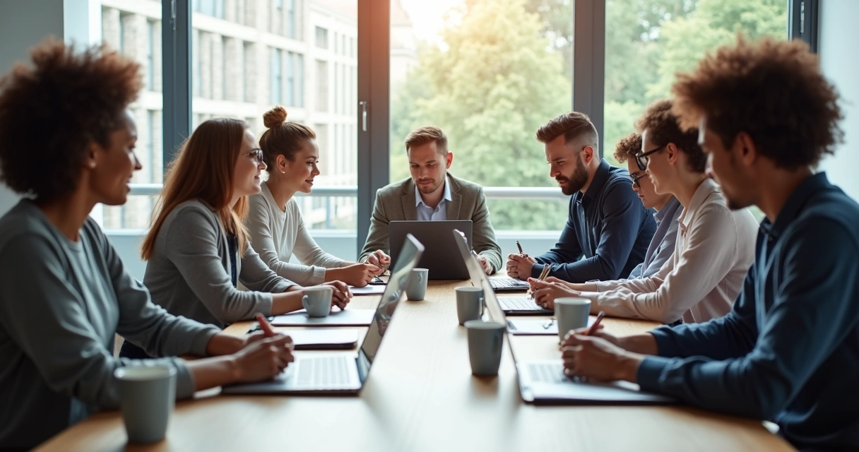 Equipe diversa ao redor de uma mesa de trabalho 