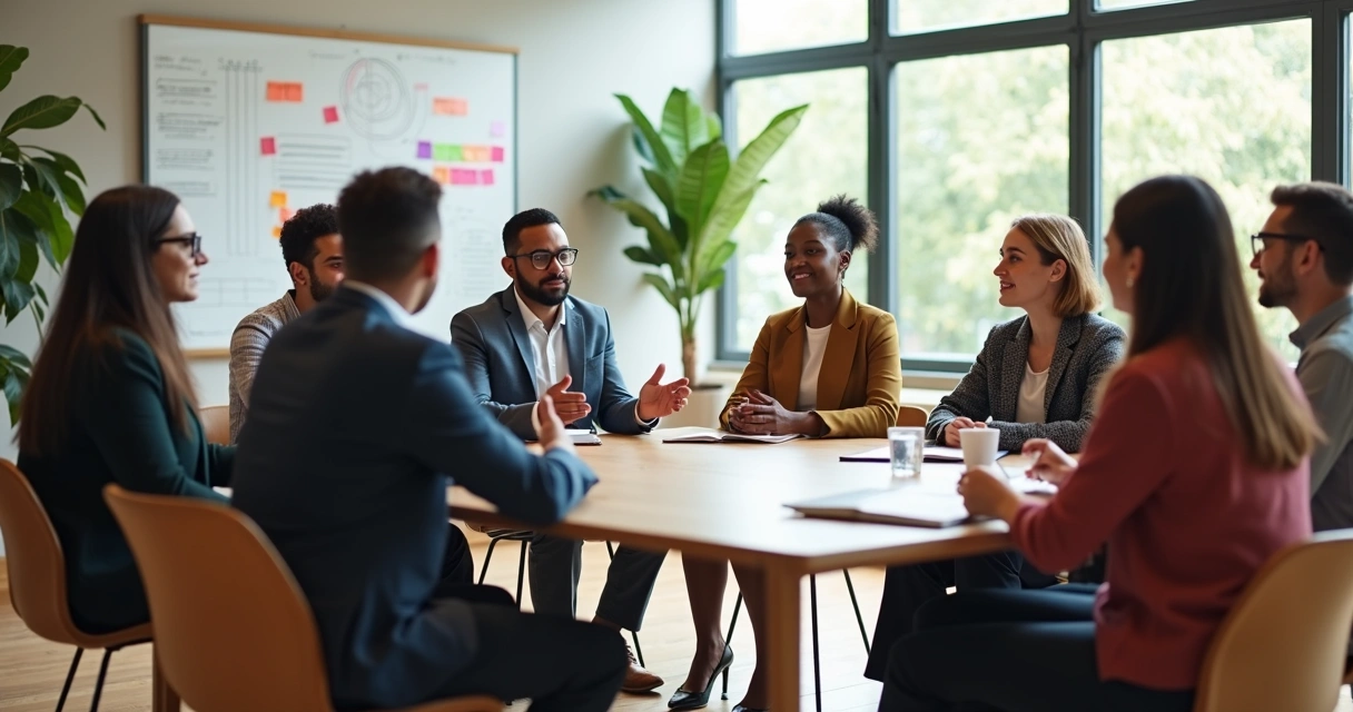 Líder facilitando conversa em círculo com equipe de trabalho diversa em sala moderna 