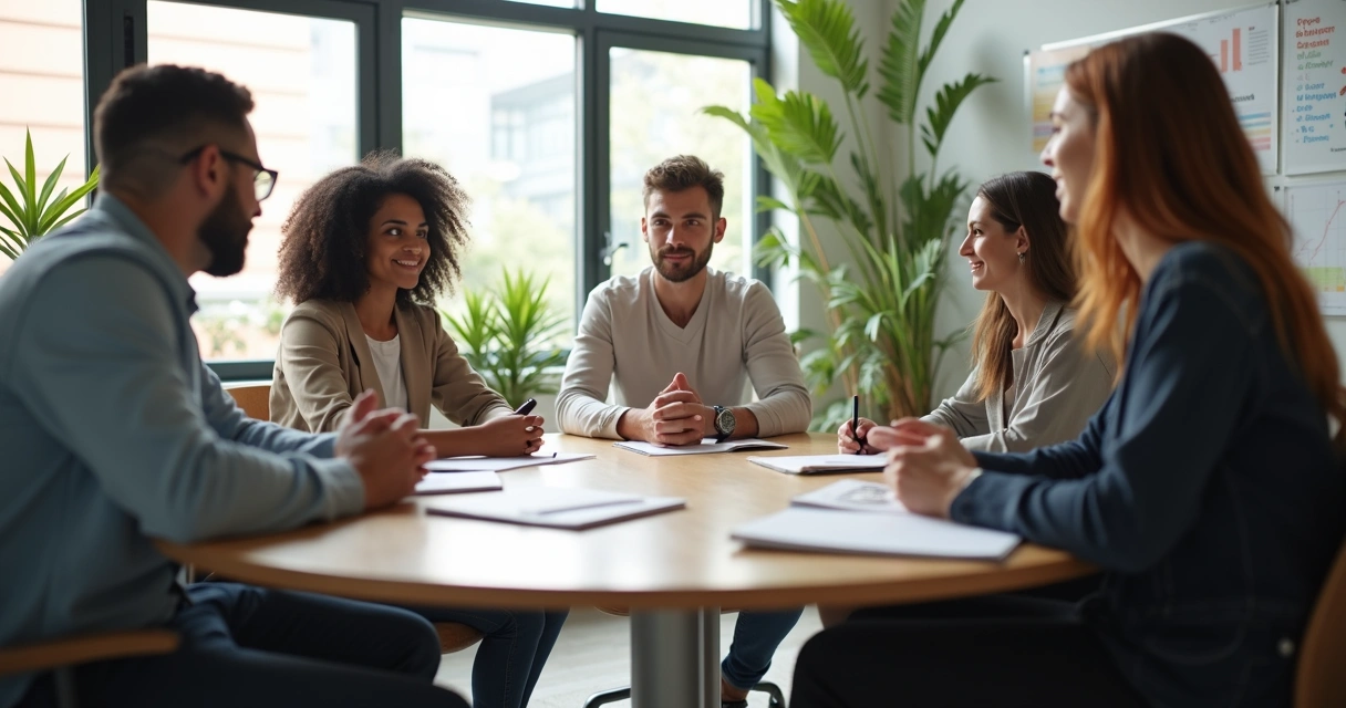 Líder reunido com equipe diversa em reunião descontraída 