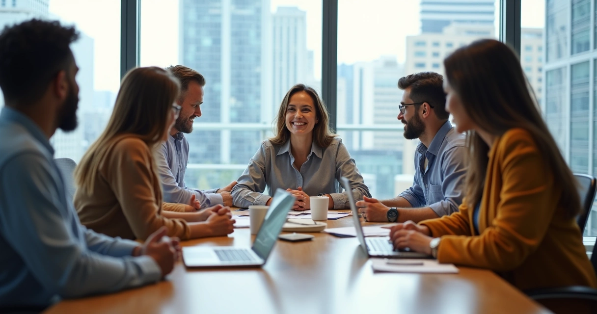 Equipe em volta de uma mesa discutindo animadamente, líder escuta e sorri.