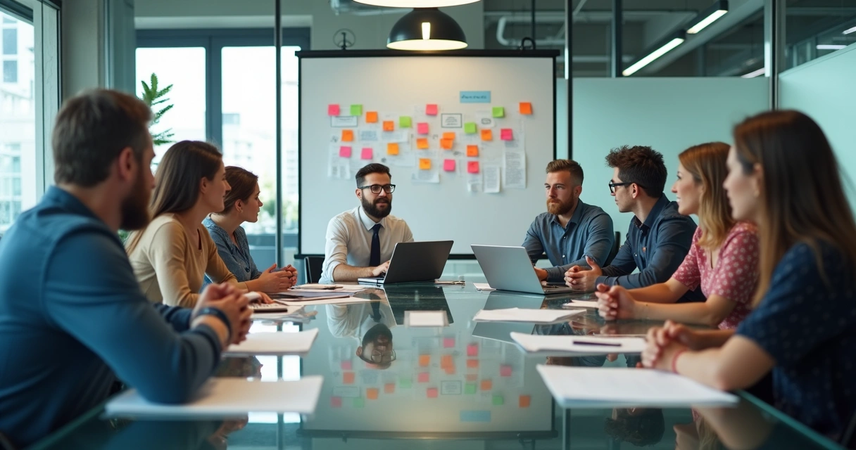 Reunião de equipe em sala corporativa moderna, pessoas discutindo ideias ao redor de uma mesa grande, ambiente colaborativo 