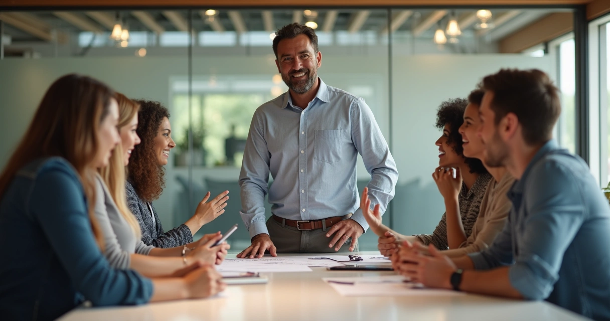 Equipe reunida, líder sorridente em pé, clima de harmonia entre todos 