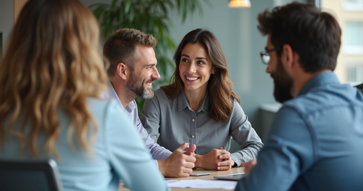 Líder ouvindo atentamente equipe reunida em sala de reunião 