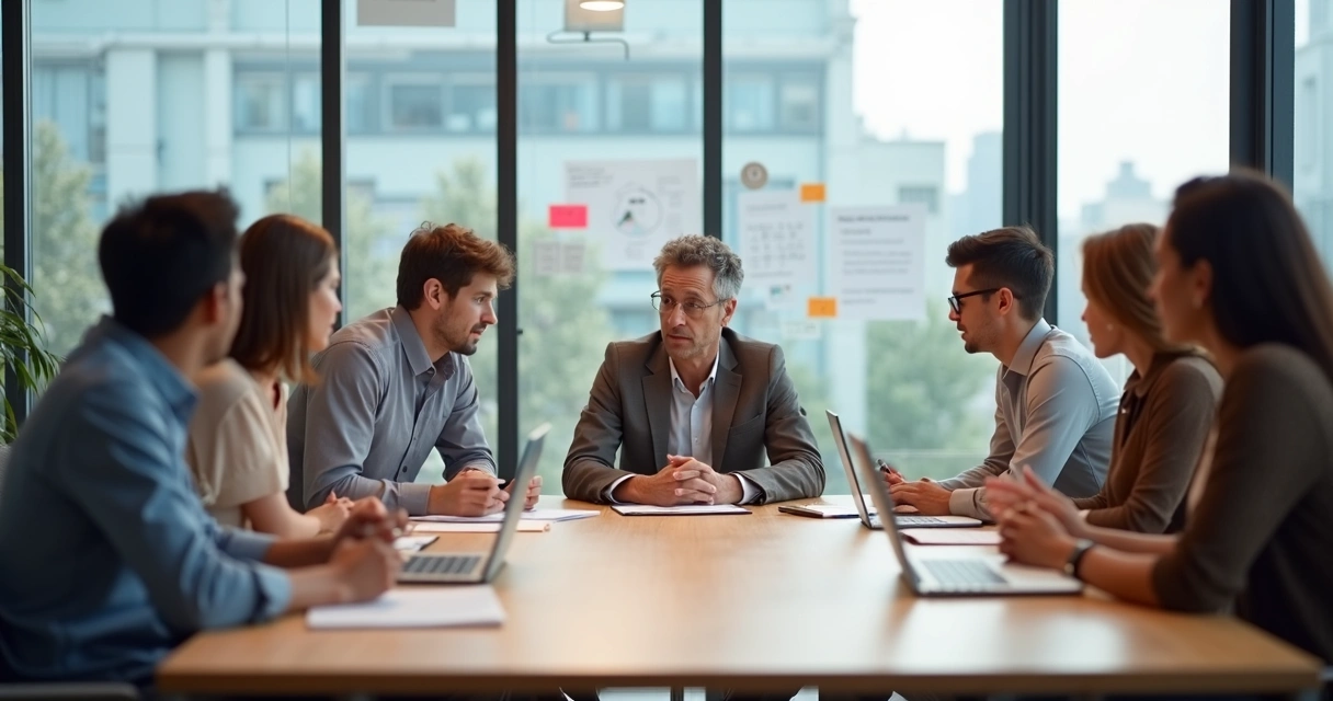 Líder ouvindo ativamente equipe em reunião colaborativa 