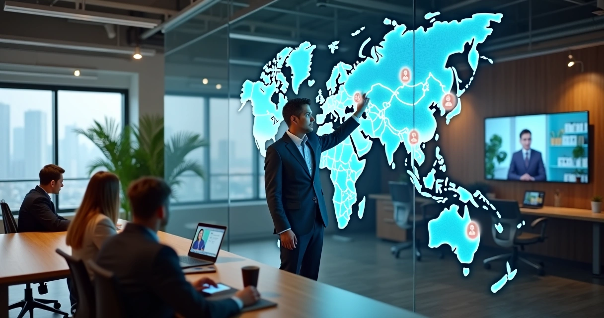 Líder observa mapa digital conectando equipe híbrida em ambiente de escritório 