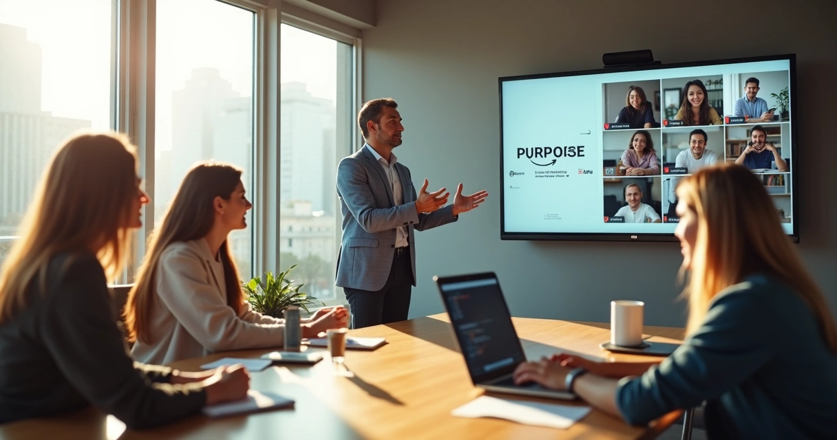 Líder em reunião online com equipe híbrida conectando propósito e resultados 