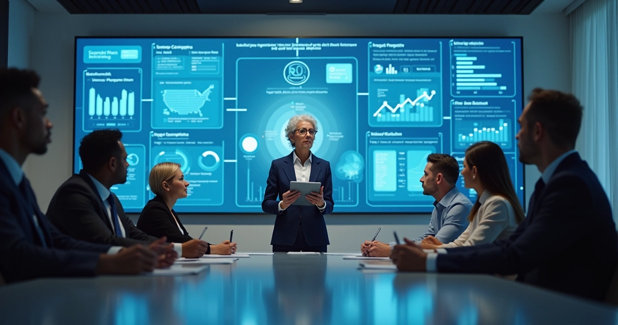 Líder orientando equipe de IA em reunião com quadro de planejamento 