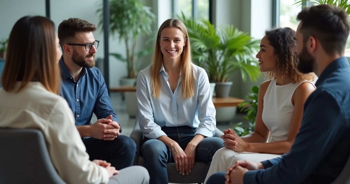 Líder conversando com equipe diversa em roda de conversa