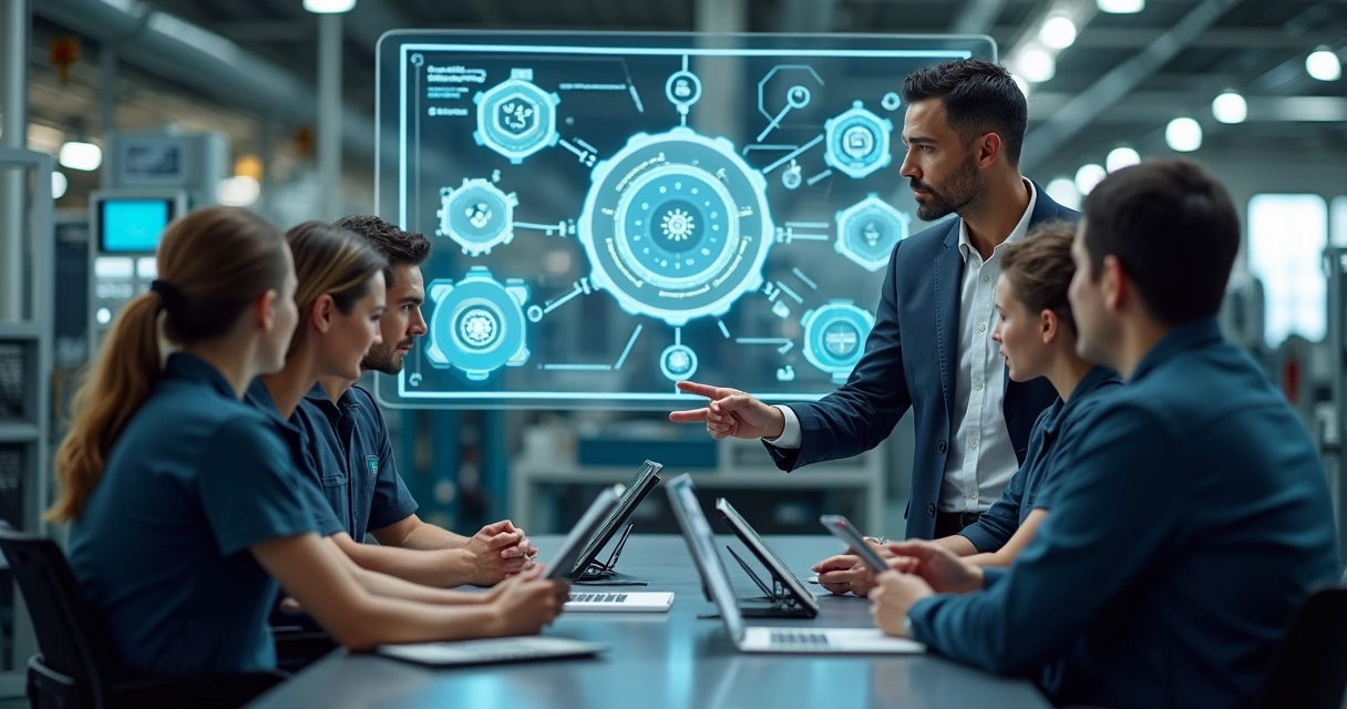 Líder orientando equipe industrial em ambiente com tecnologia digital 