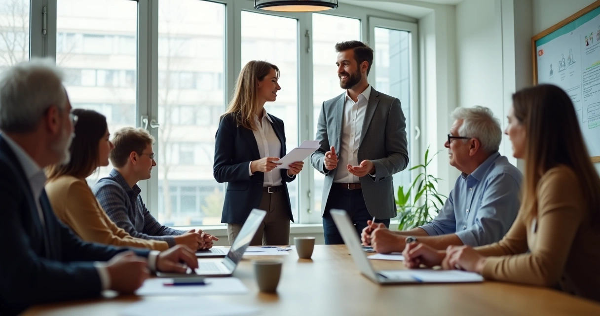 Líder orientando uma equipe com pessoas de várias idades. 