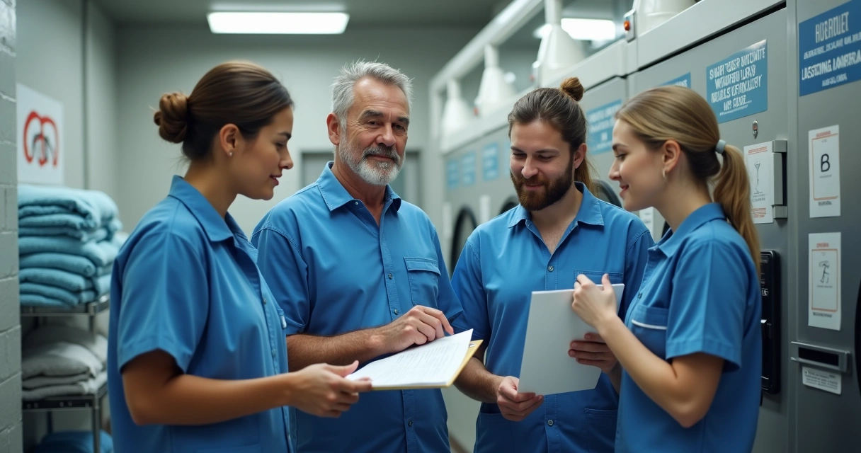 Líder checando checklist com equipe de lavanderia unida 