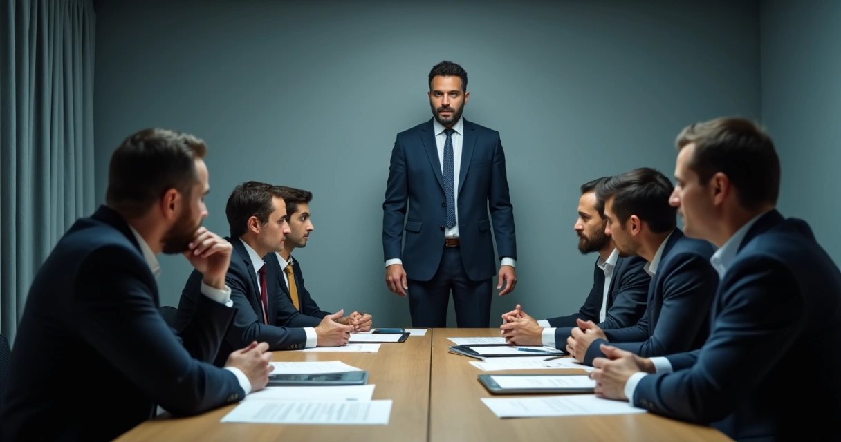 Líder observando equipe apreensiva durante reunião