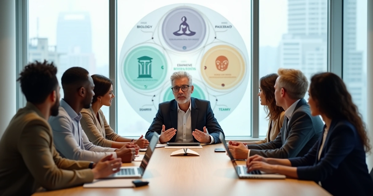 Líder reúne equipe multicultural em mesa redonda moderna 