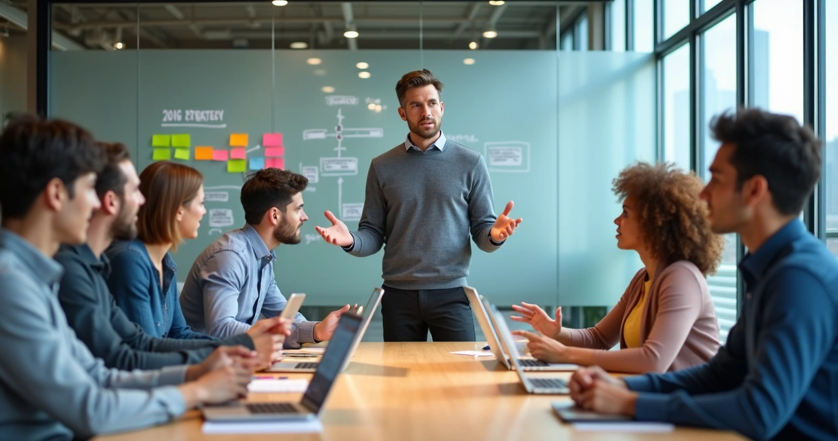 Líder conduz reunião colaborativa com equipe diversa em escritório moderno 