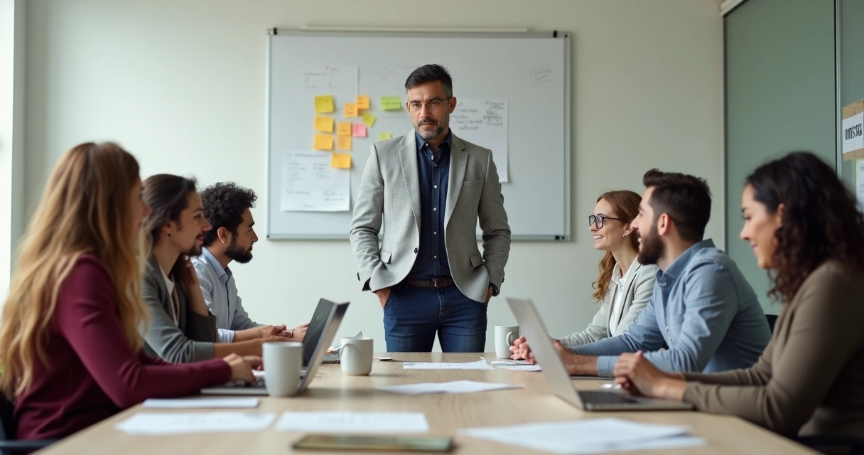 Líder de equipe reunida com grupo de colaboradores em ambiente de negócios