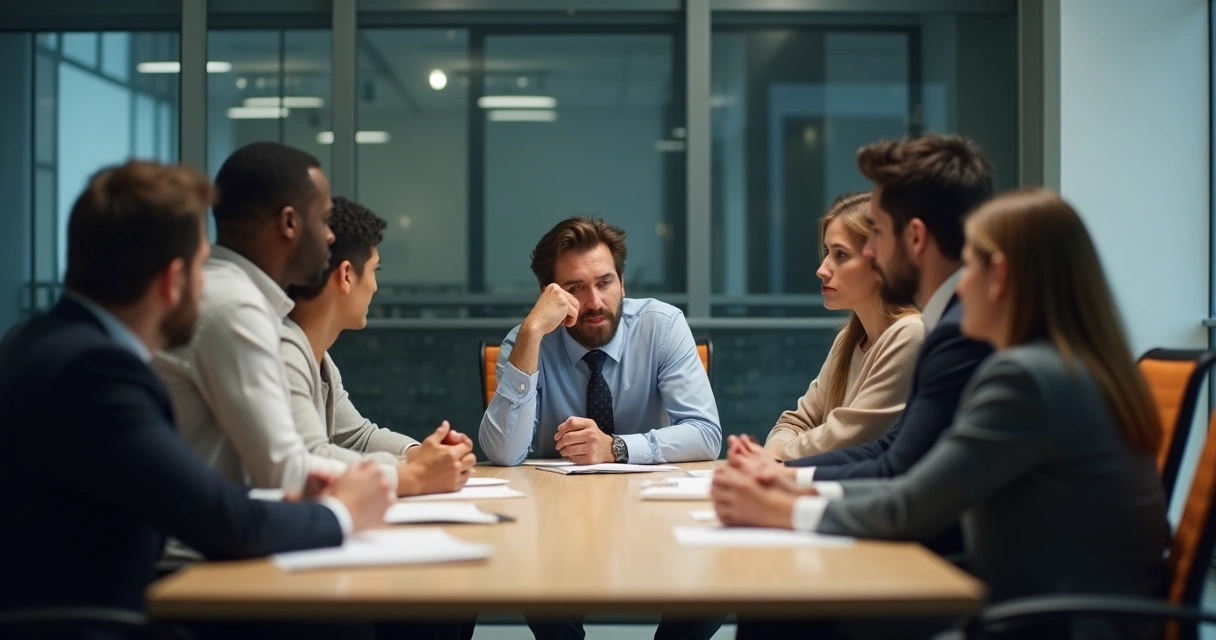 Grupo de pessoas em reunião de trabalho com expressões sérias, líder pensativo ao centro 