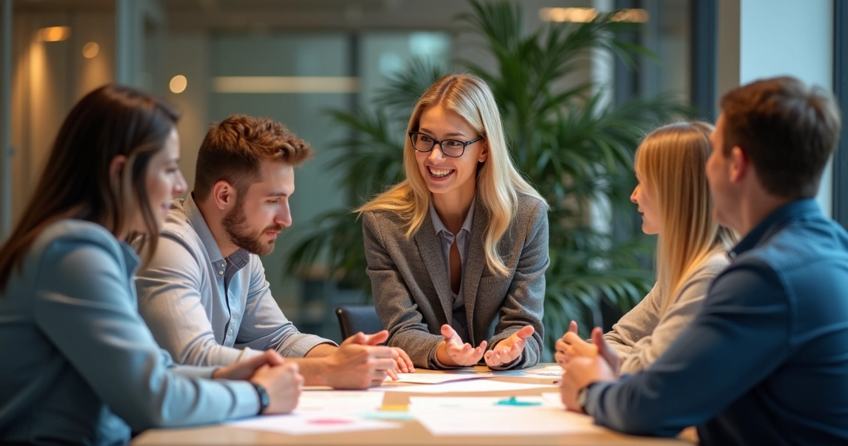 Equipe de pessoas reunidas ao redor de uma mesa, discutindo ideias de liderança 