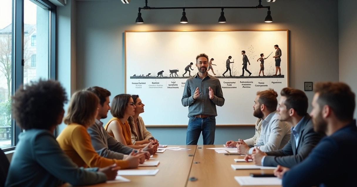 Equipe de projeto reunida e líder gesticulando, representando os sete níveis de evolução