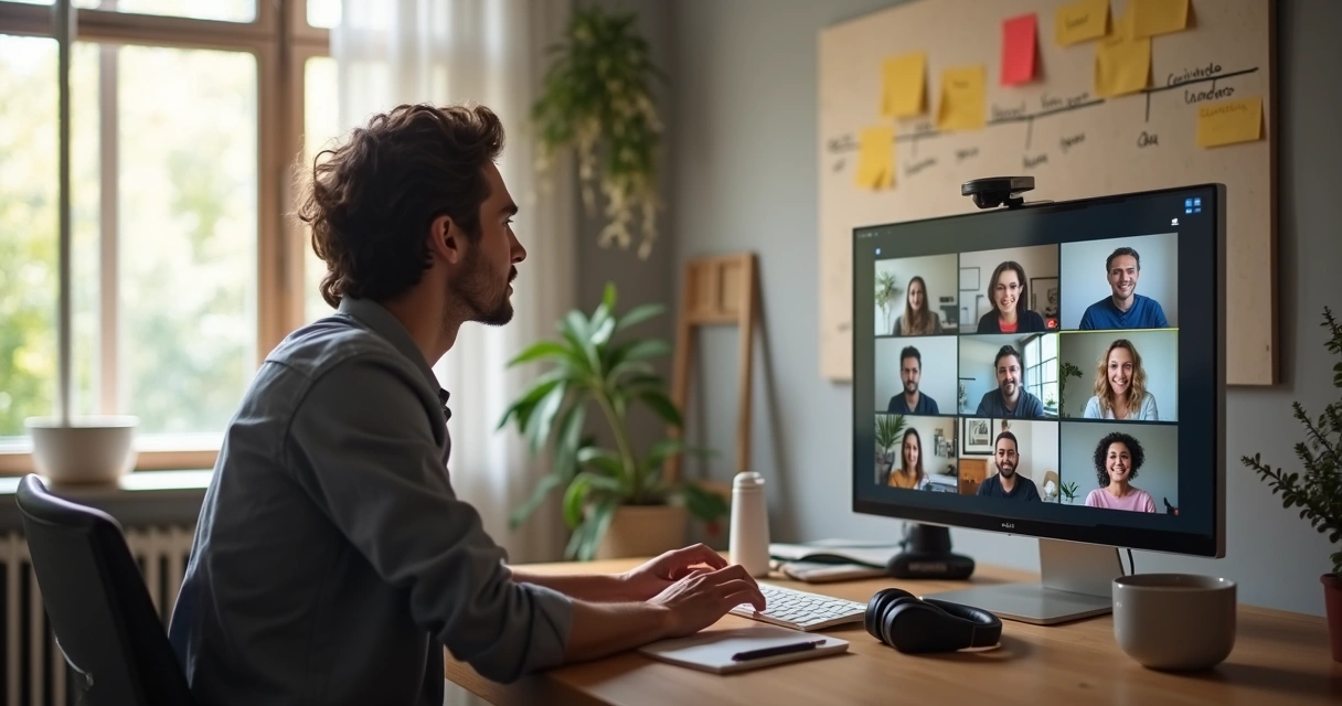 Líder em videoconferência escutando equipe remota com empatia 