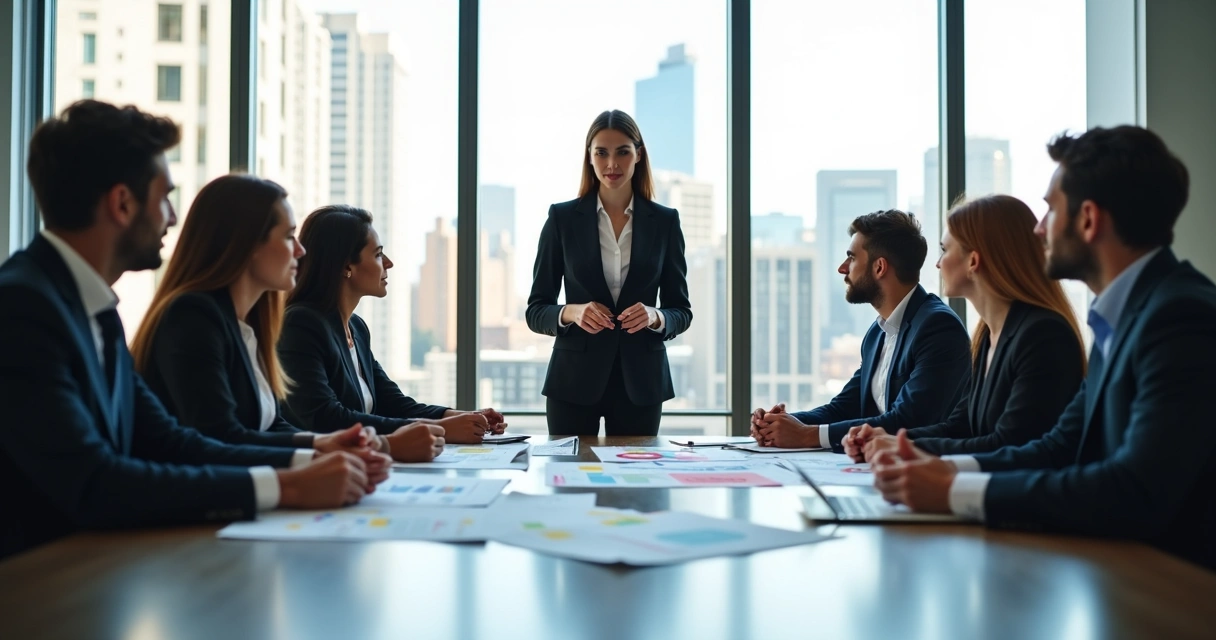 Líder conversa em reunião com equipe diversificada