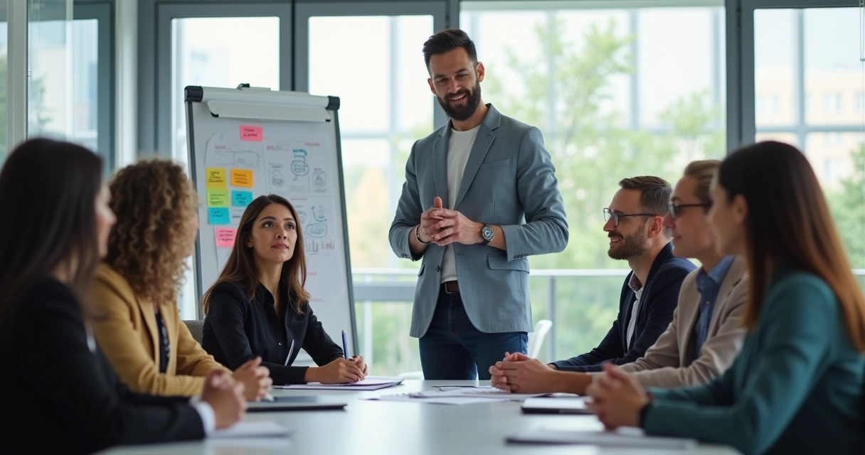 Líder de equipe em reunião com colaboradores de diferentes áreas 