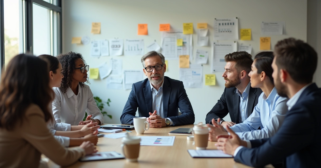 Líder conversando com equipe diversificada em reunião 