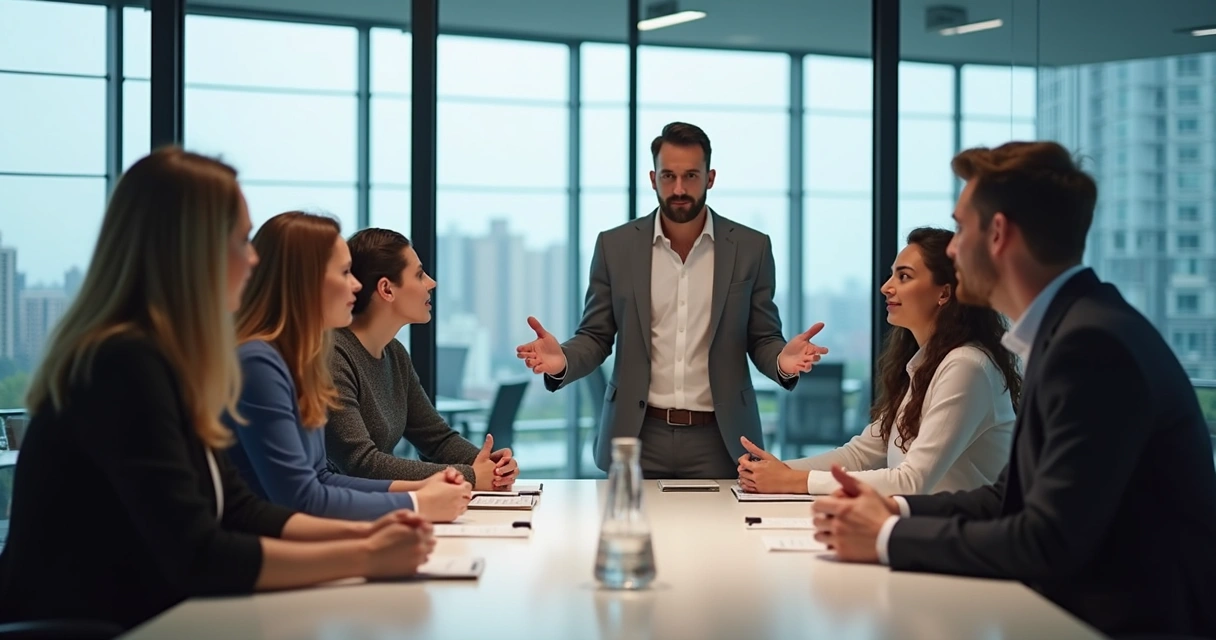 Líder orientando equipe em sala de reunião