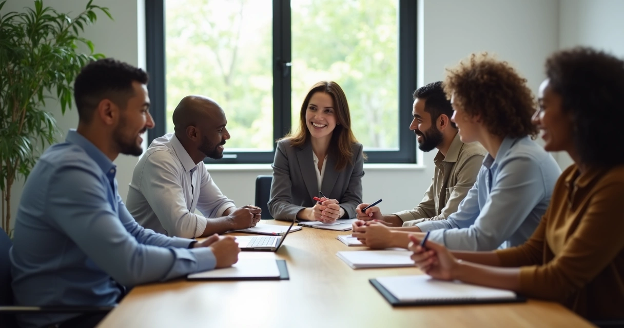 Equipe reunida ao redor de uma mesa, líder falando e todos atentos 