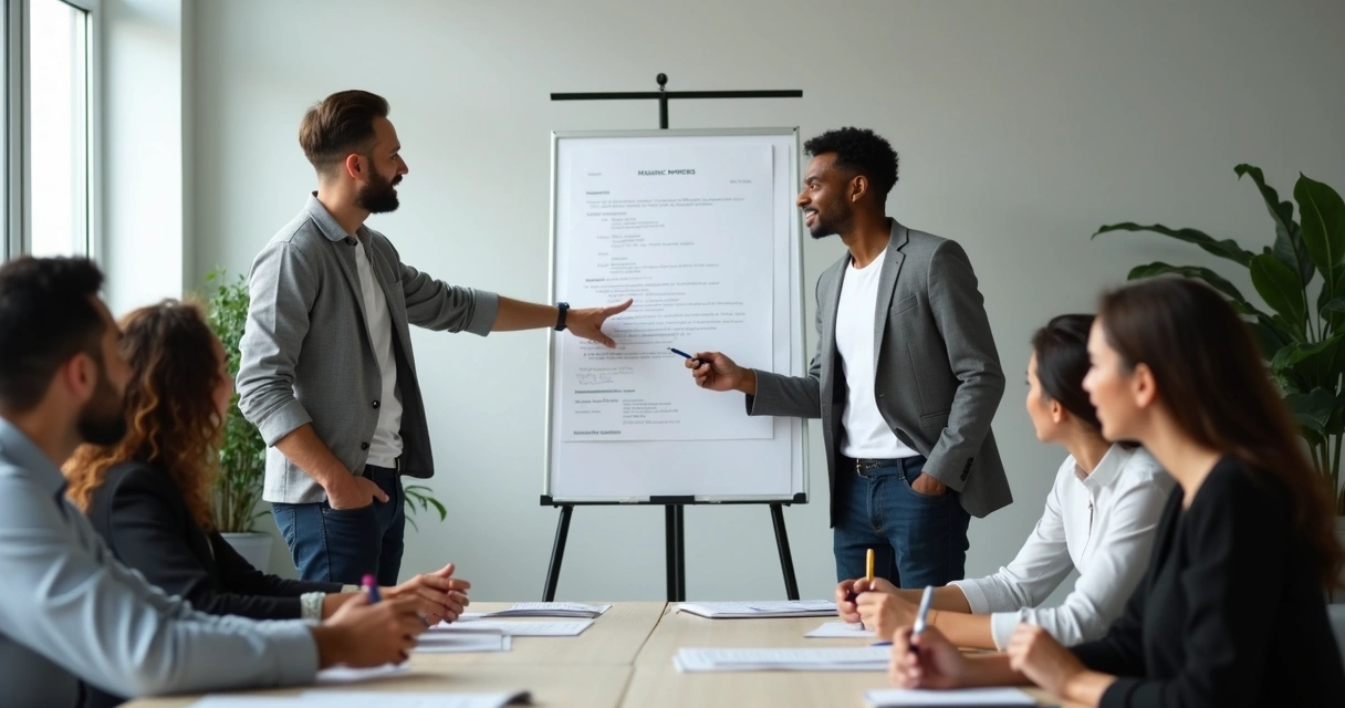 Líder orientando equipe em reunião, todos atentos à explicação 