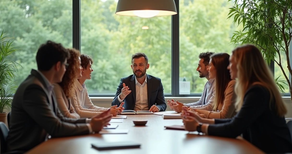 Equipe em reunião com foco no líder escutando todos