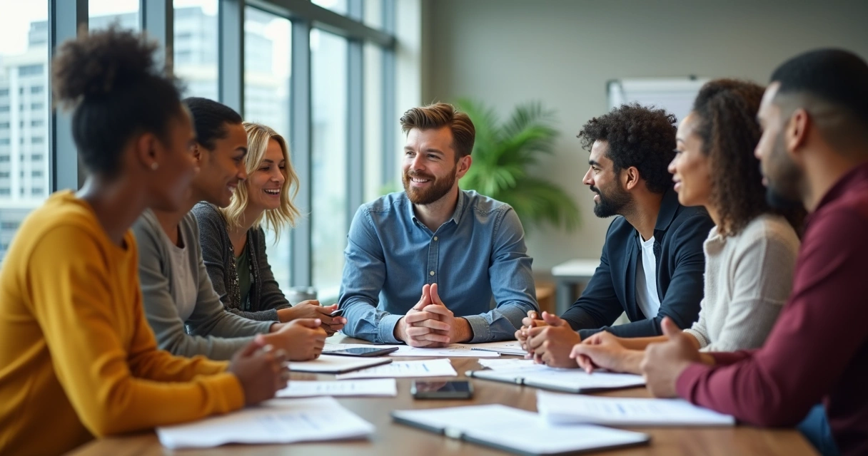 Equipe reunida em volta de uma mesa em clima de colaboração