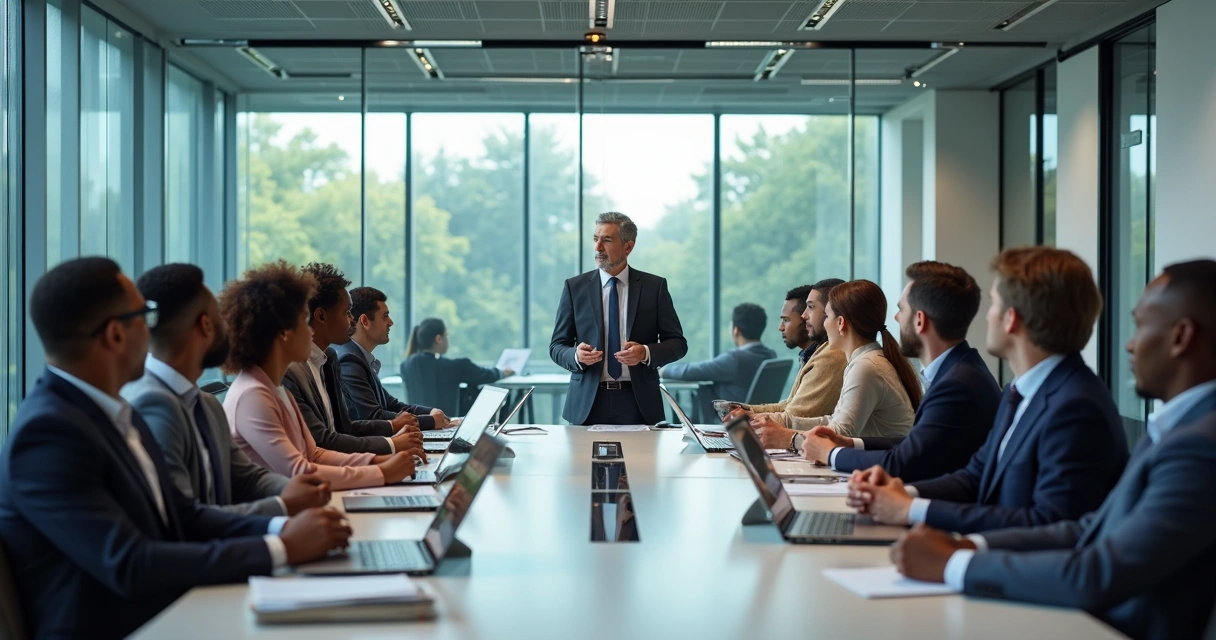Líder reunido com equipe em sala ampla de reuniões. 