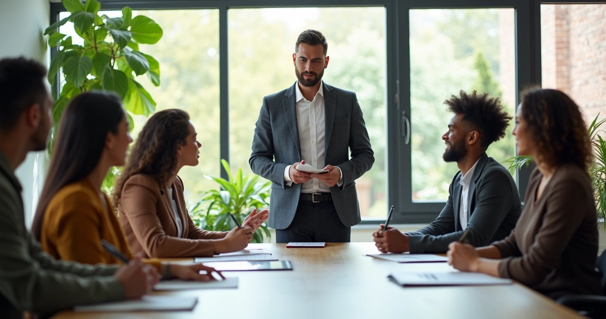 Líder reunido com equipe em ambiente de trabalho moderno, todos atentos e participando da conversa 