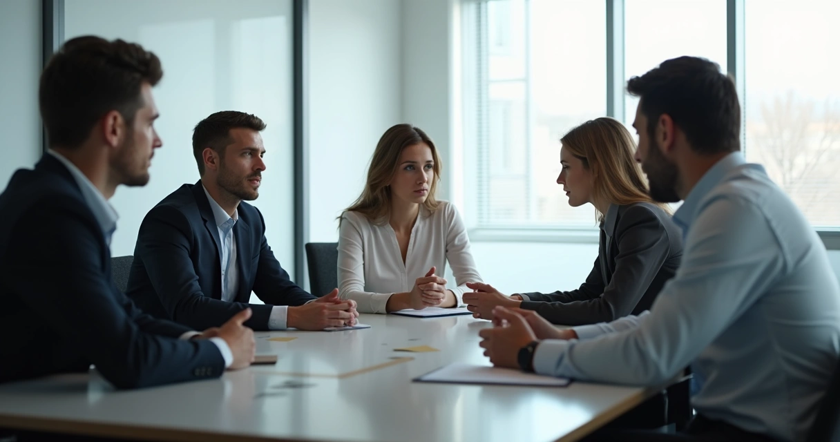 Cinco pessoas em uma mesa de reunião olhando para um líder calado, todos com expressões neutras. 