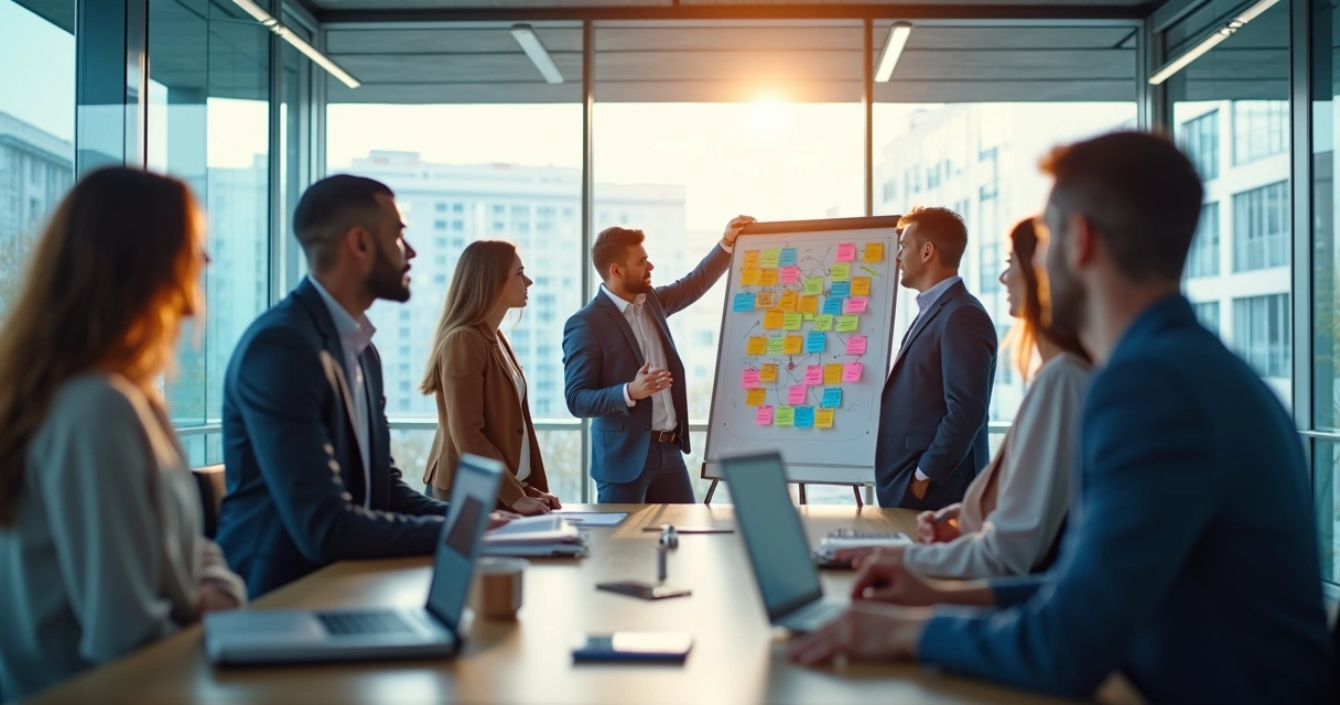 Equipe reunida em volta de uma mesa de reunião, com líder facilitando discussão participativa 