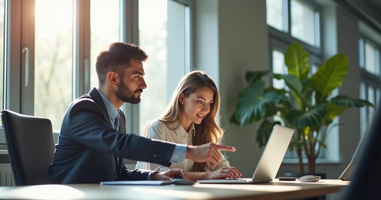 Líder orientando colaborador em ambiente corporativo 
