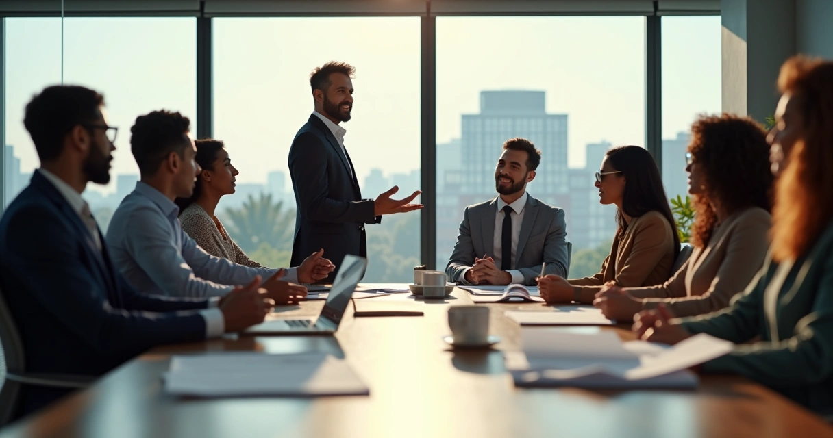Líder conversando com equipe em ambiente corporativo 