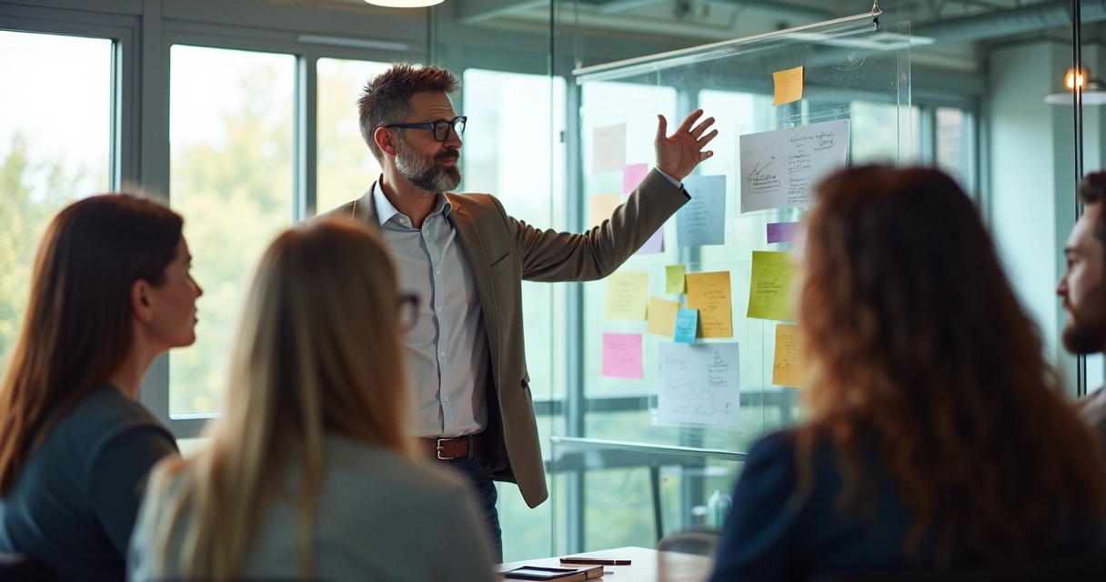 Líder orientando equipe diversa em ambiente iluminado, simbolizando transformação e colaboração 