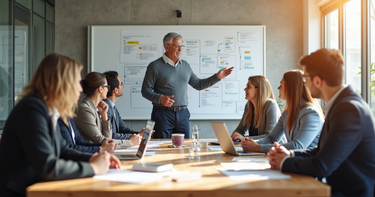 Líder reunido com equipe ao redor da mesa, revisando processos organizacionais 