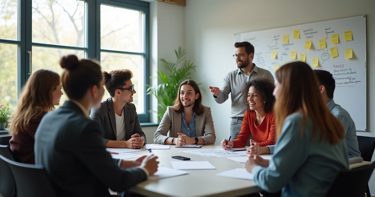 Equipe diversa em reunião, pessoas de origens variadas ao redor de uma mesa 