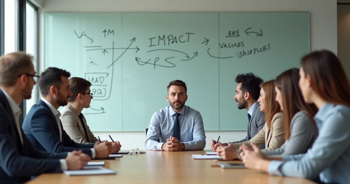 Líder em reunião refletindo sobre decisões com equipe ao redor da mesa 