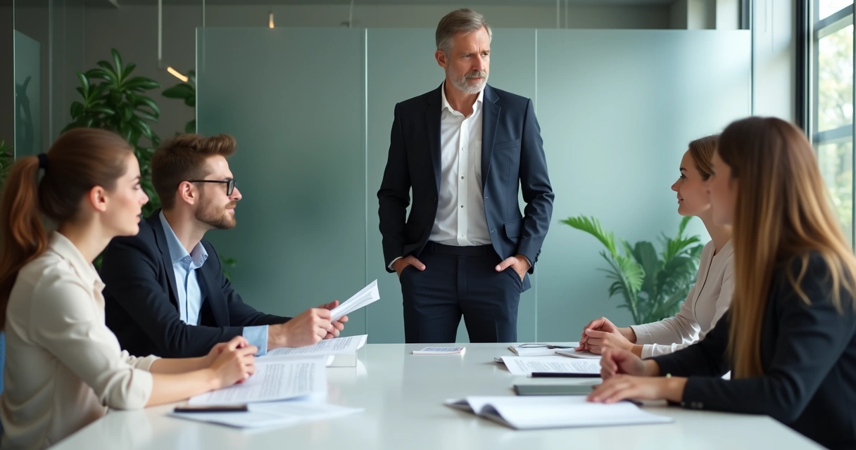 Liderança ouvindo equipe em ambiente corporativo