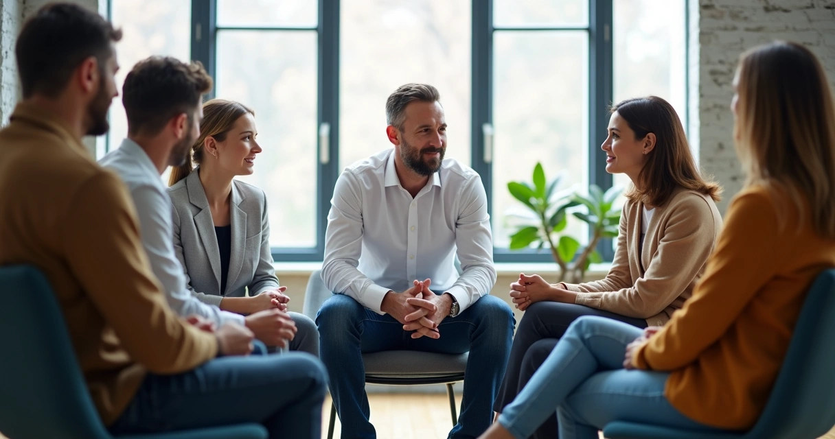 Líder sentado em círculo com equipe, ouvindo atentamente com expressão tranquila 