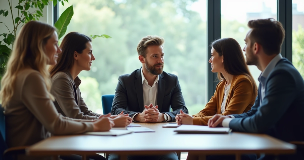 Liderança ouvindo equipe em conversa aberta no escritório
