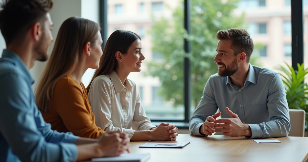 Liderança em conversa acolhedora com equipe no escritório 
