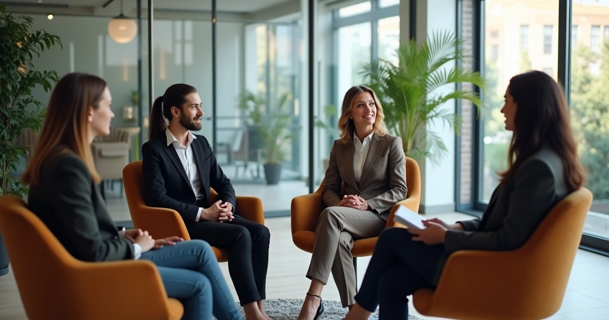 Liderança ouvindo membros da equipe em conversa 