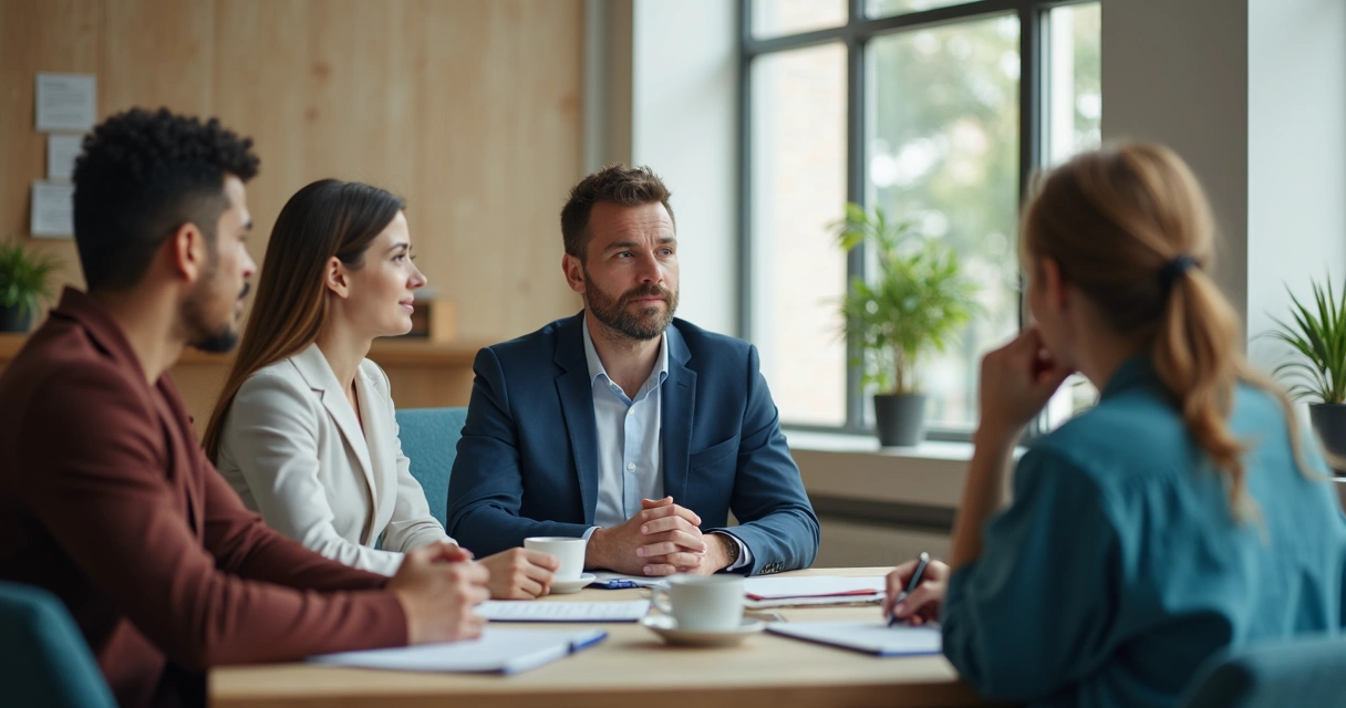 Liderança ouvindo equipe em conversa aberta no escritório 