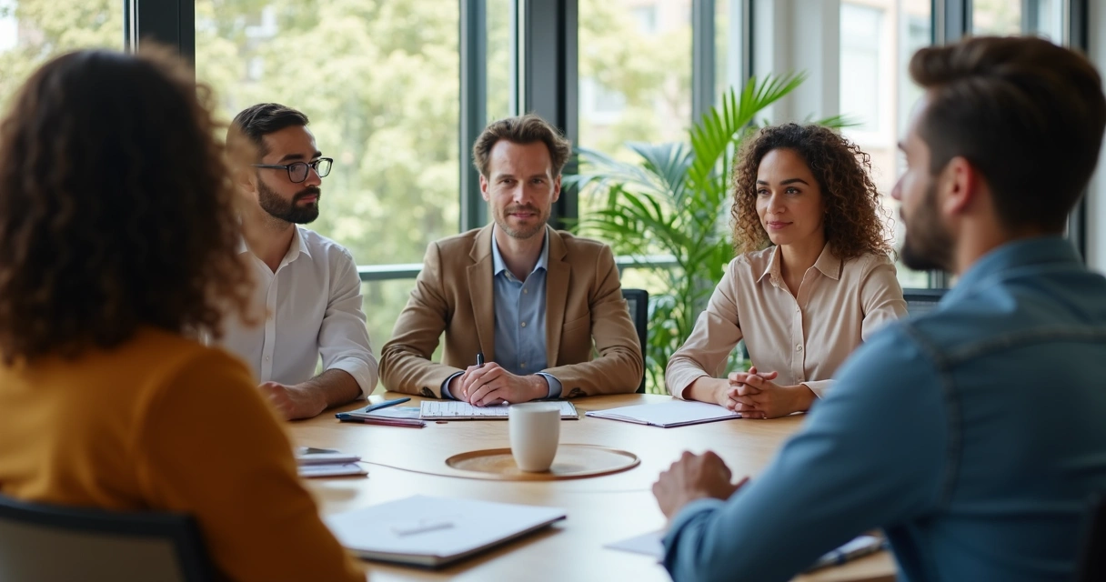 Liderança ouvindo equipe diversa em conversa reservada no escritório 