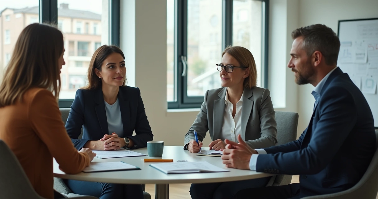 Liderança escutando a equipe em conversa aberta no escritório 